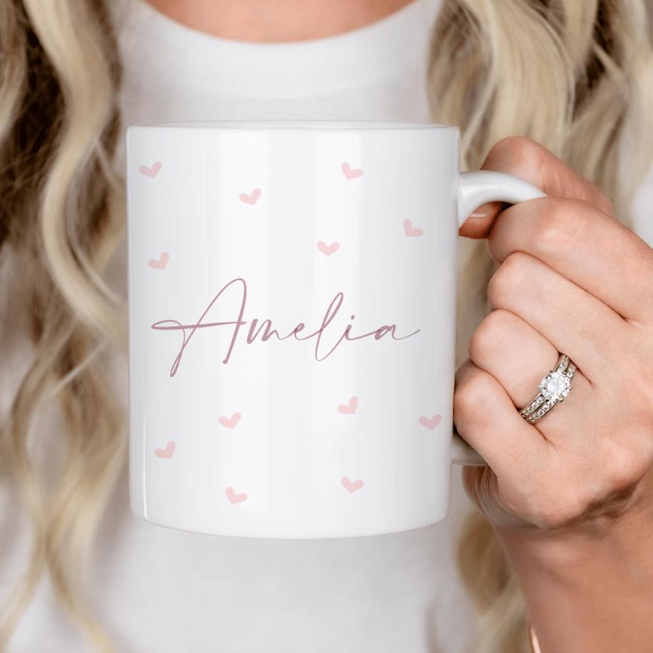 Tailorly White Ceramic 11 oz Mug - Amelia Delicate Tiny Pink Hearts Floating Across A Clean