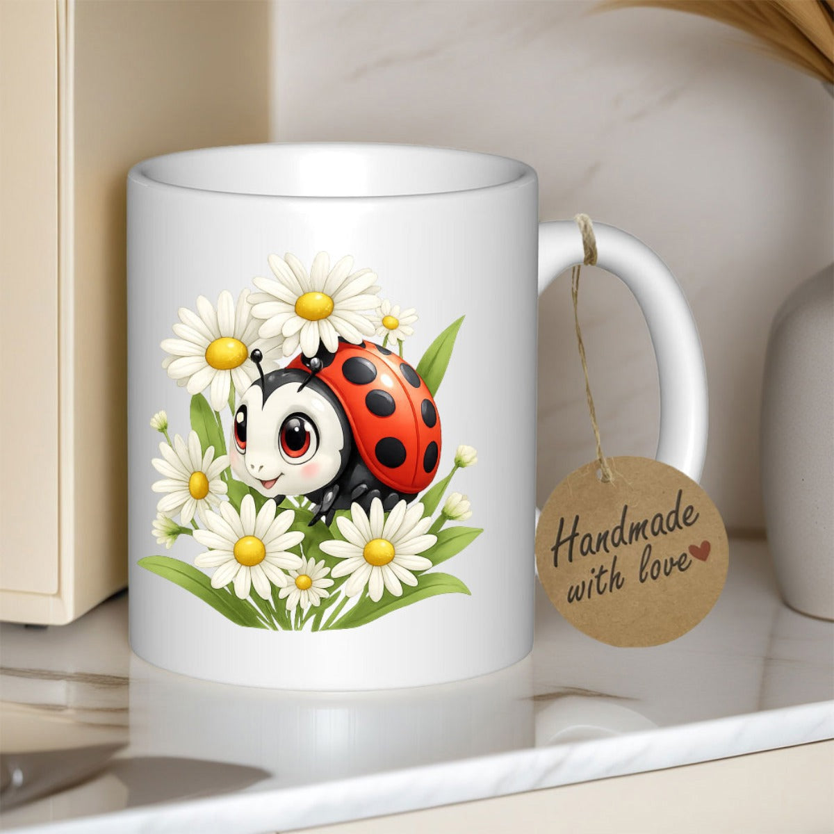 Tailorly White Ceramic 11 oz Mug - Handmade With Love Cute Little Red Nestled Among Bright White Blooming Daisy Flowers Ladybug