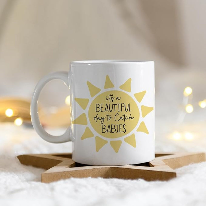 Tailorly White Ceramic 11 oz Mug - Its A Beautiful Day To Catch Babies Radiant Yellow Sunlight Shining With Geometric Triangular Rays Across White Background Sun