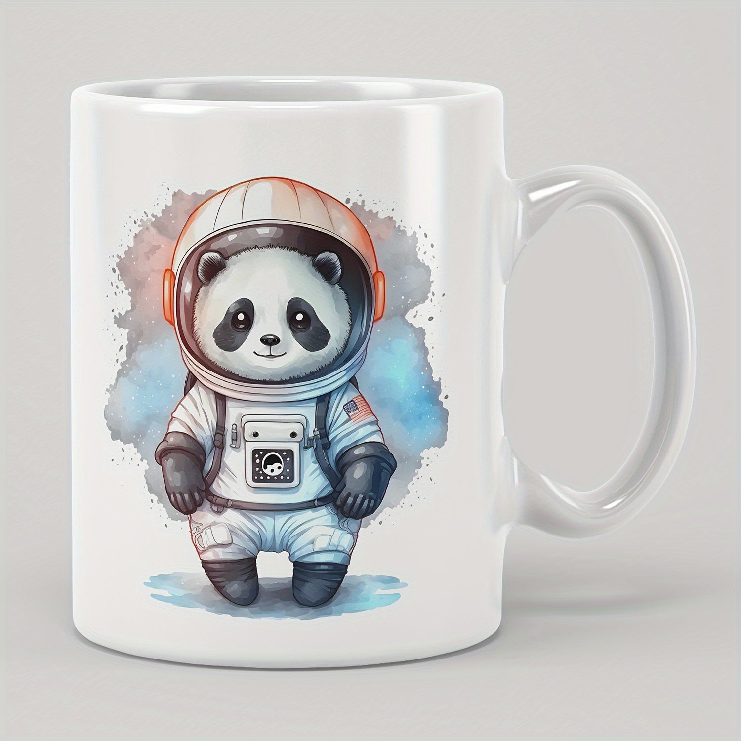Tailorly White Ceramic 11 oz Mug - Adorable Little Astronaut Exploring Galactic Cosmic Space Among Nebulous Soft Clouds Panda