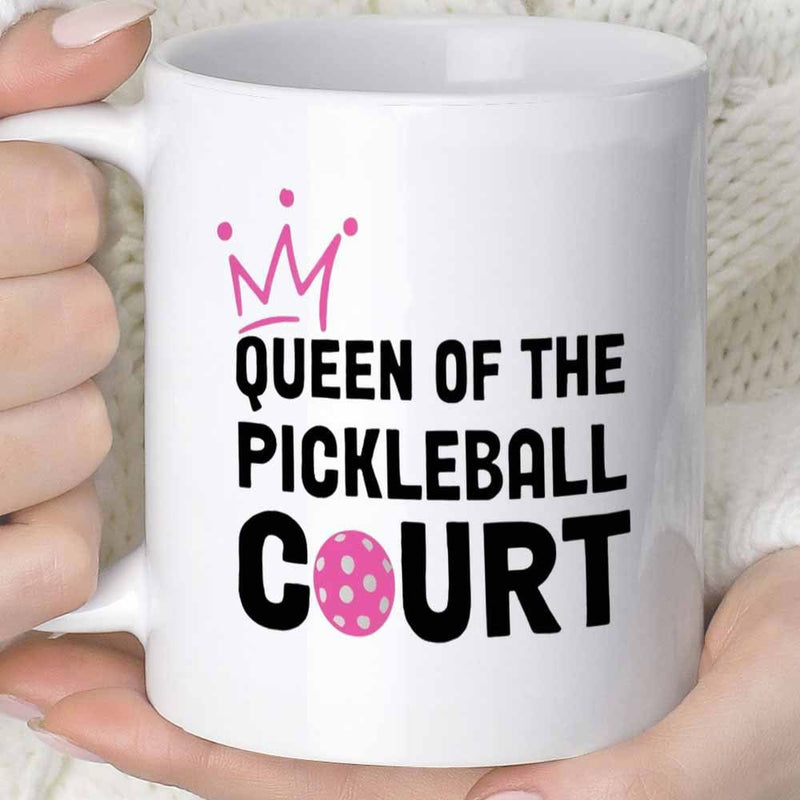 Tailorly White Ceramic 11 oz Mug - Queen Of The Pickleball Court Vibrant Pink Crown Resting Above Bold Typography Spotted Pickleball