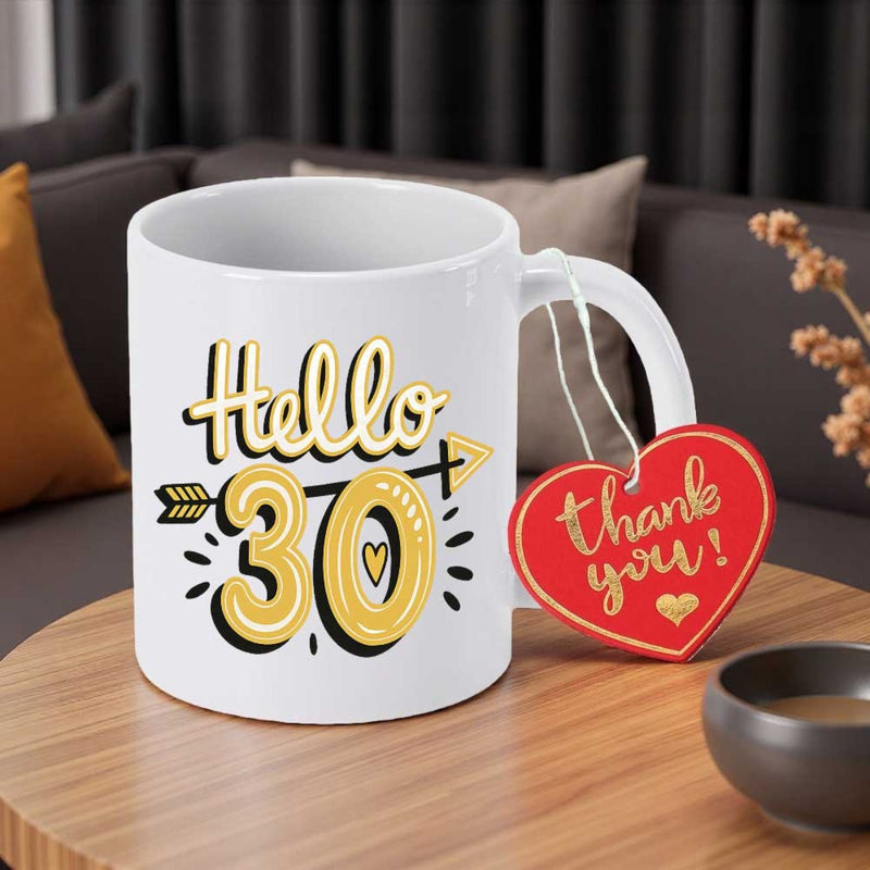 Tailorly White Ceramic 11 oz Mug - Hello 30 Stylized Golden Numbers With Decorative Black Arrow Piercing Through Center Mug