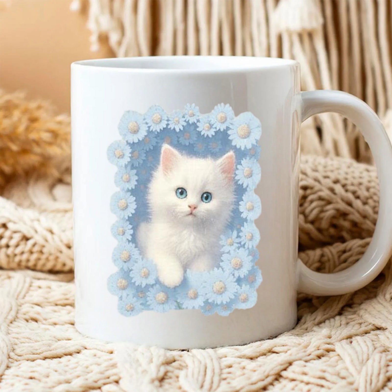 Tailorly White Ceramic 11 oz Mug - Adorable Fluffy White Kitten Surrounded By Soft Blue Daisy Flowers Kitten