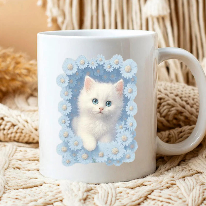 Tailorly White Ceramic 11 oz Mug - Adorable Fluffy White Kitten Surrounded By Soft Blue Daisy Flowers Kitten