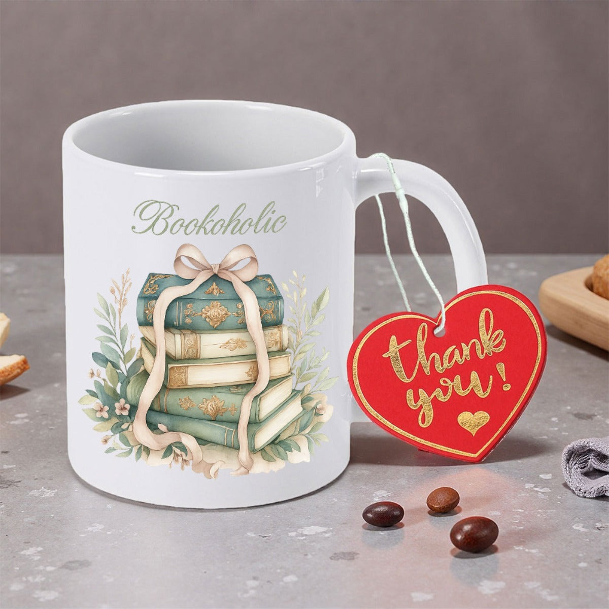 Tailorly White Ceramic 11 oz Mug - Bookaholic Vintage Green Stack Tied With Elegant Cream Ribbon And Floral Foliage Books