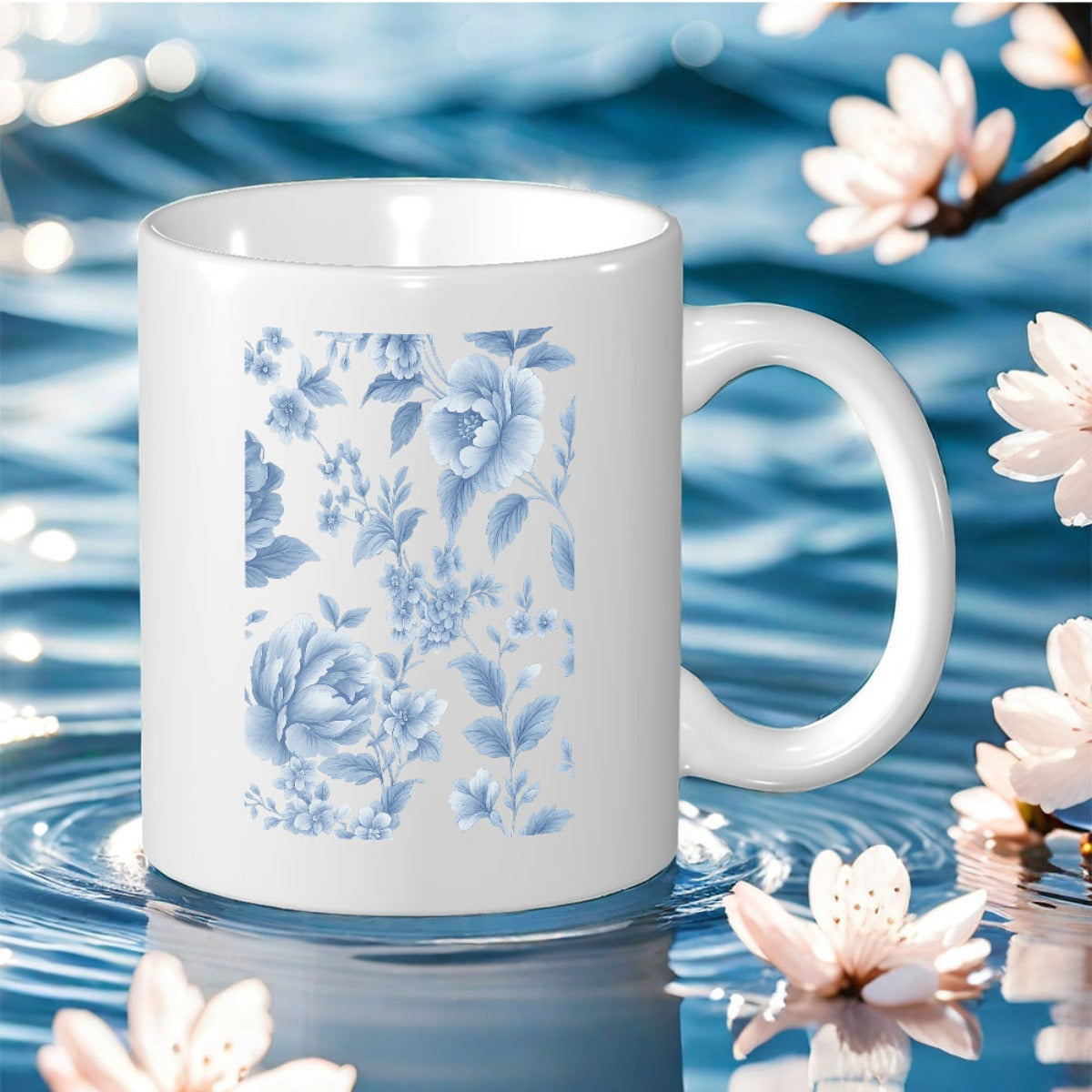 Tailorly White Ceramic 11 oz Mug - Elegant Blue Floral Pattern Resting On Rippling Water Surface With Blossoms Mug