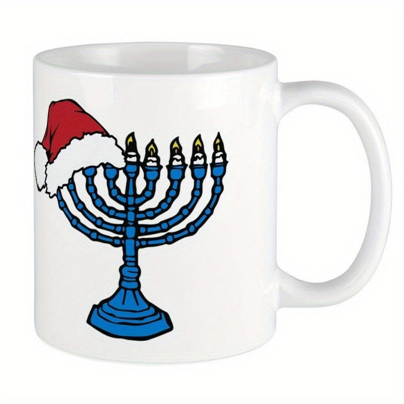 Tailorly White Ceramic 11 oz Mug - Classic Blue Jewish Menorah Wearing Festive Red Santa Hat For Holiday Celebration Menorah