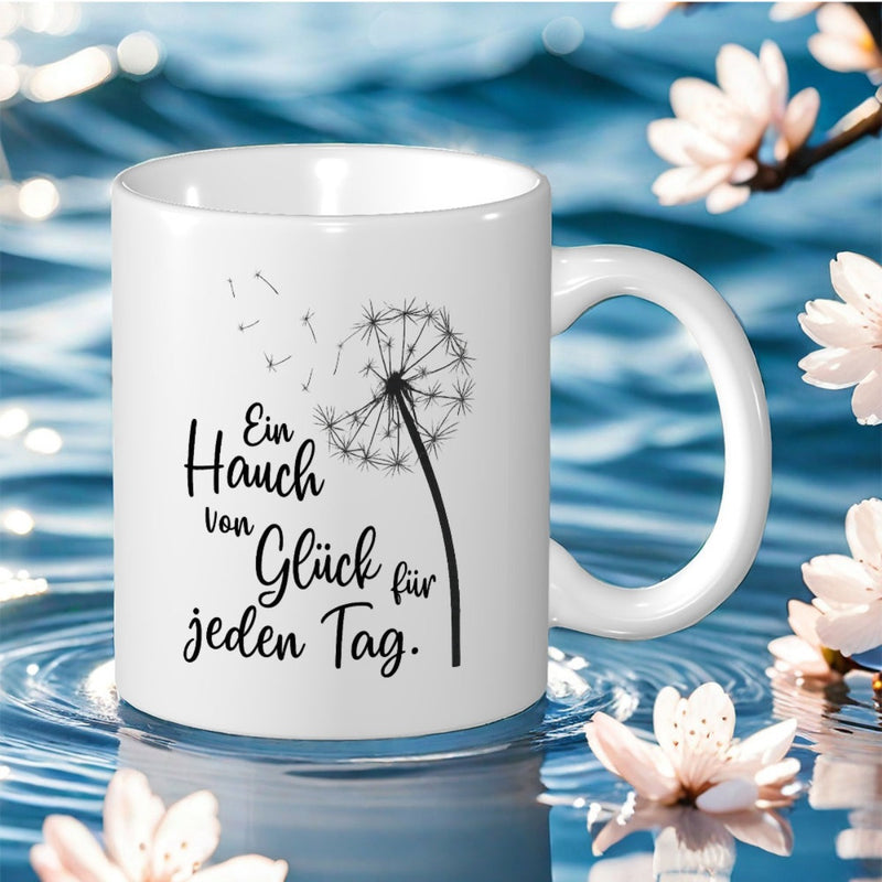 Tailorly White Ceramic 11 oz Mug - Delicate Blowing Seeds Drifting Softly Through The Air With Elegant Stem Dandelion