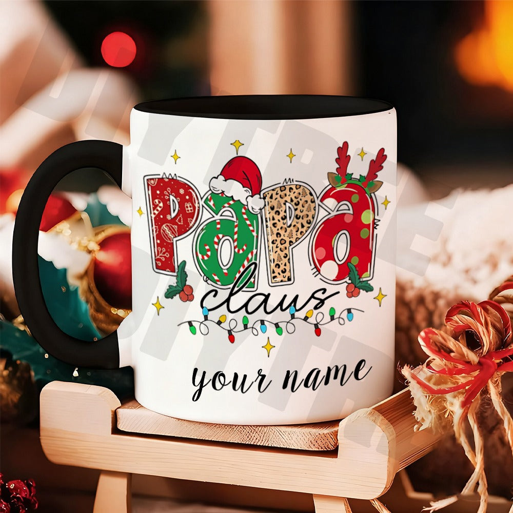 Tailorly Black Accent 11 oz Mug - papa claus with reindeer and Christmas holiday design