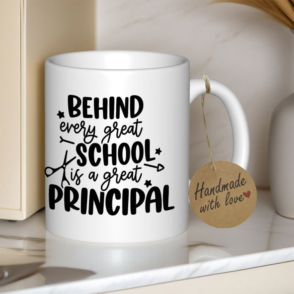 Tailorly White Ceramic 11 oz Mug - Behind Every Great School Is A Great Principal Handmade Ceramic Coffee Cup Featuring Simple Stars And Scissors Decorations Mug