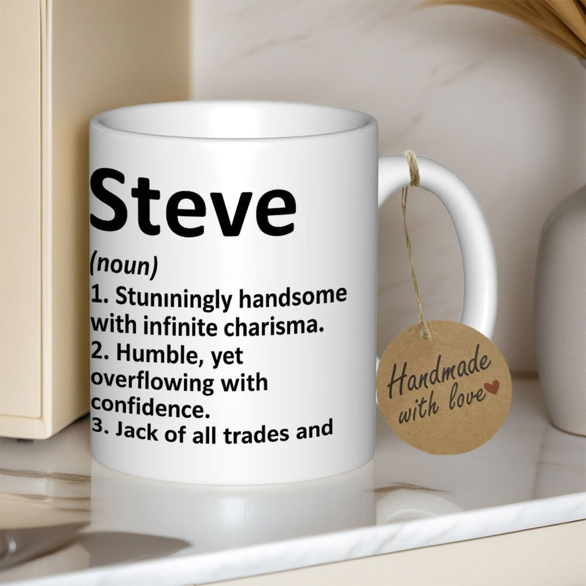Tailorly White Ceramic 11 oz Mug - Steve Minimalist Black Typography Text Layout On Clean