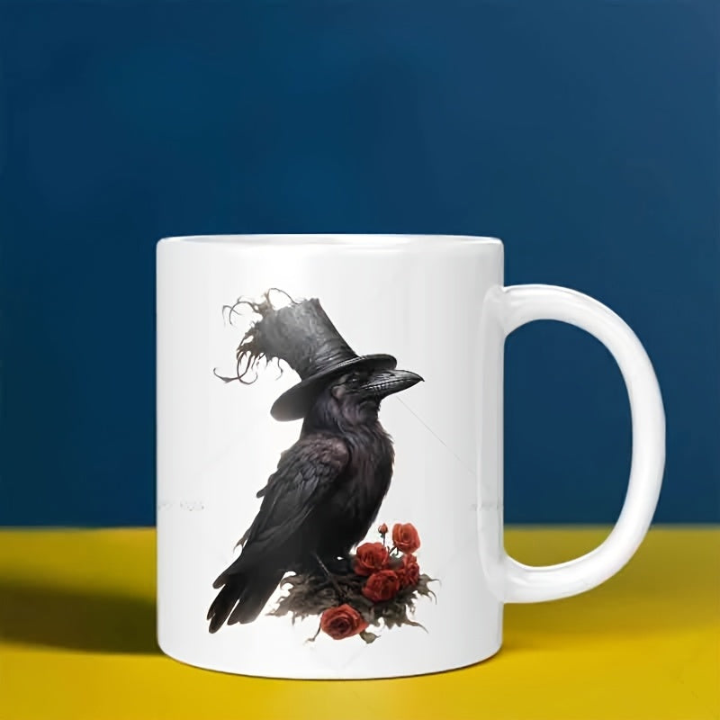 Tailorly White Ceramic 11 oz Mug - Mysterious Gothic Black Bird Wearing Vintage Top Hat Beside Red Roses Raven