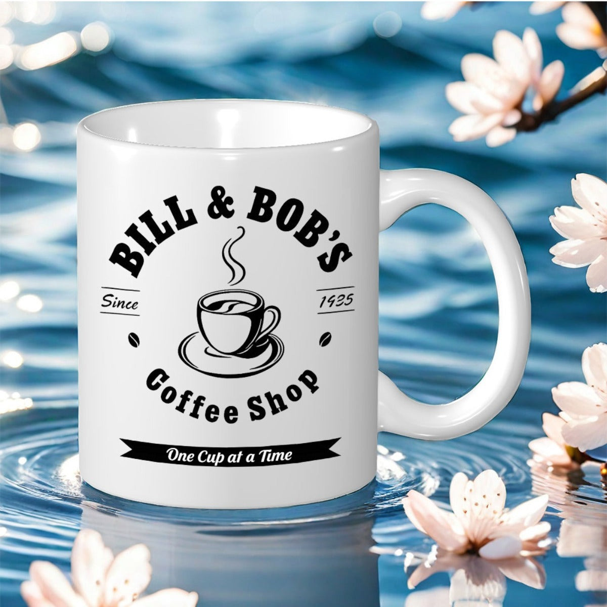 Tailorly White Ceramic 11 oz Mug - Bill Bobs Coffee Shop Since 1935 One Cup At A Time Vintage Steaming Cup Of Black Coffee With Beans Mug