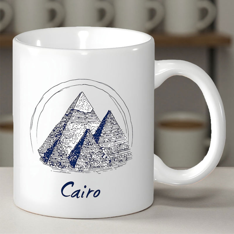Tailorly White Ceramic 11 oz Mug - Cairo Vintage Hand Drawn Sketch Style Featuring Famous Ancient Egyptian Giza Monuments Pyramids