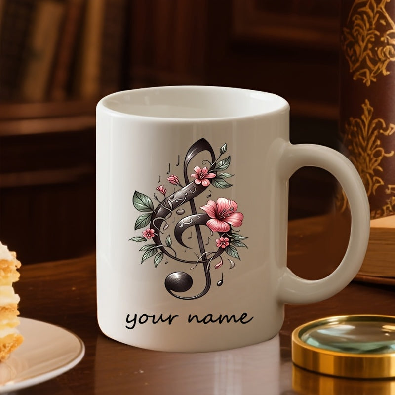 Tailorly White Ceramic 11 oz Mug - Your Name Artistic Treble Clef Adorned With Elegant Pink Flowers And Green Leaves Clef