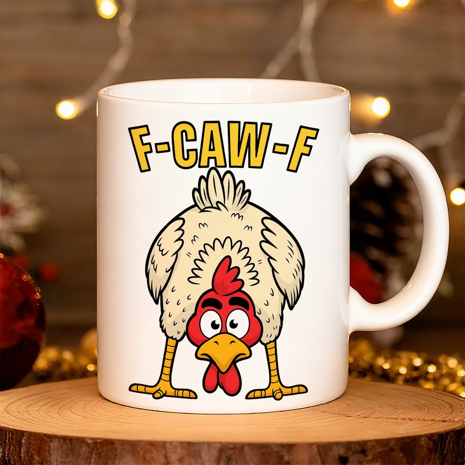 Tailorly White Ceramic 11 oz Mug - F Caw F Funny Cartoon Character Bending Down Looking Through Legs With Yellow Text Chicken