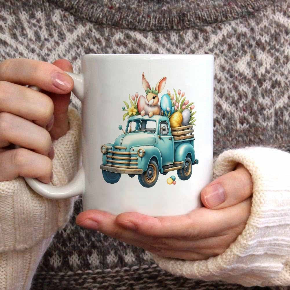 Tailorly White Ceramic 11 oz Mug - Vintage Teal Pickup Loaded With Spring Flowers And Easter Bunny Truck