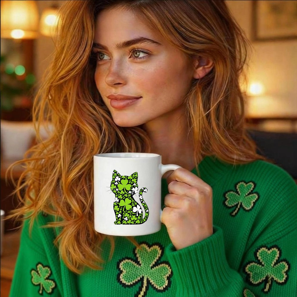 Tailorly White Ceramic 11 oz Mug - Whimsical Silhouette Filled With Luck Green Clovers And Festive Patterns Cat