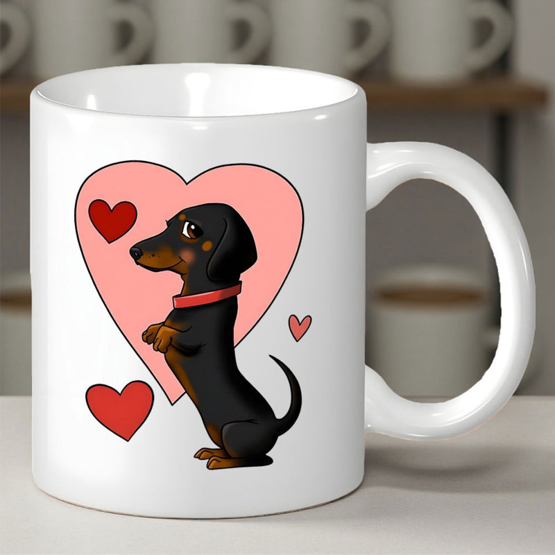Tailorly White Ceramic 11 oz Mug - Cute Cartoon Puppy Sitting Among Floating Hearts Inside A Large Pink Heart Dachshund