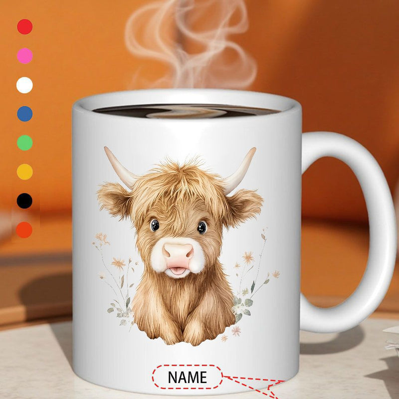 Tailorly White Ceramic 11 oz Mug - Name Adorable Fluffy Highland Cow Calf Sitting Among Tiny Delicate Flowers Cow