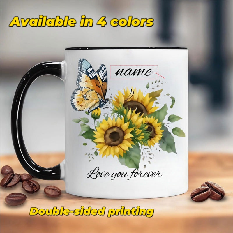 Tailorly Black Accent 11 oz Mug - sunflower and quote with individual names