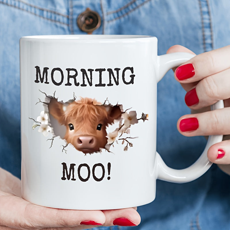 Tailorly White Ceramic 11 oz Mug - Morning Moo Fluffy Brown Highland Peeking Through A Cracked Surface With Delicate White Flowers Cow