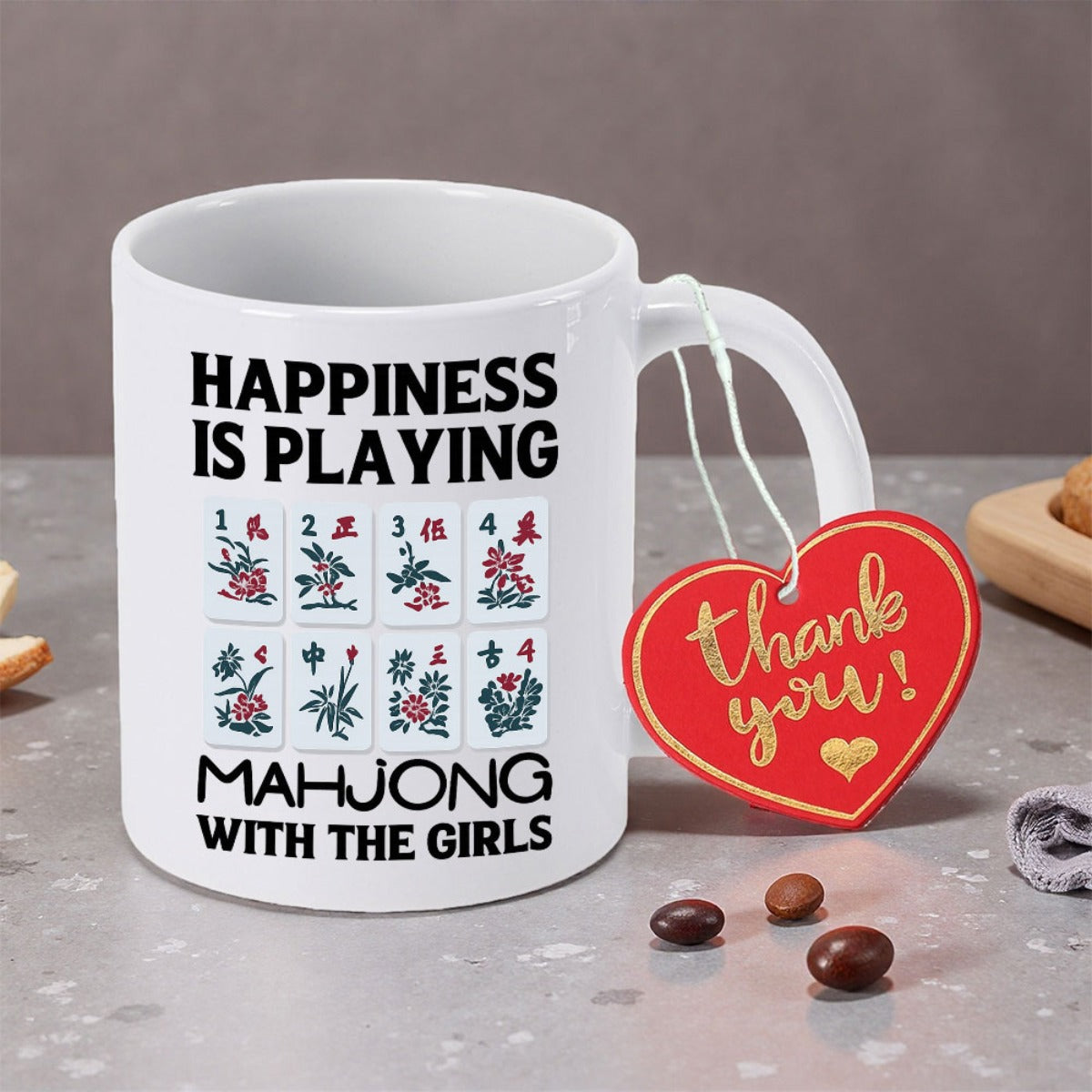 Tailorly White Ceramic 11 oz Mug - Happiness Is Playing Mahjong With The Girls Traditional Gaming Tiles Set In Two Rows