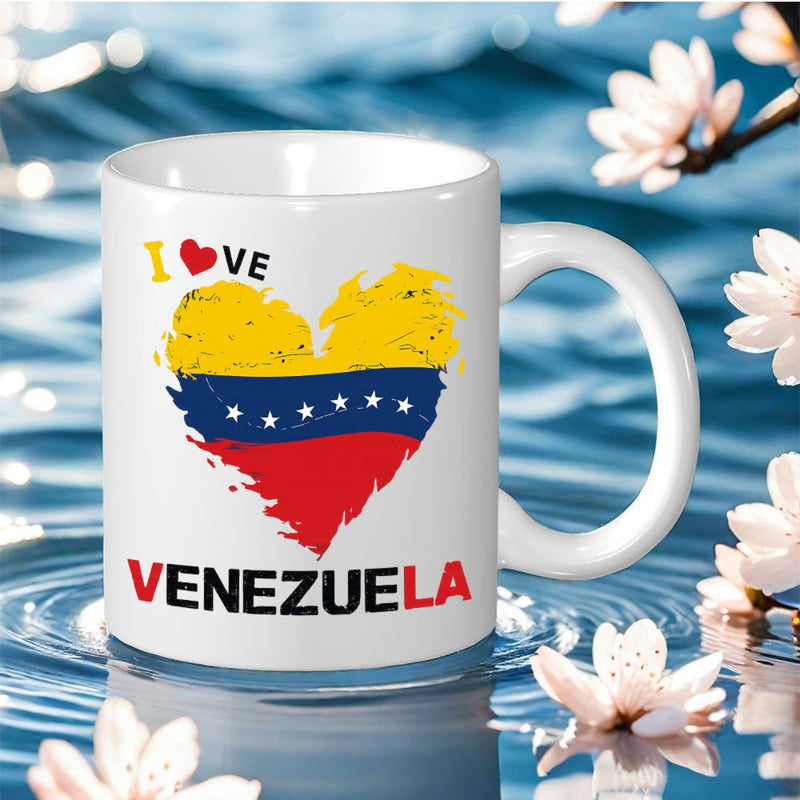 Tailorly White Ceramic 11 oz Mug - I Love Venezuela Distressed Heart Shaped Flag Colors Floating Above Sparkling Water Surface With Flowers Mug