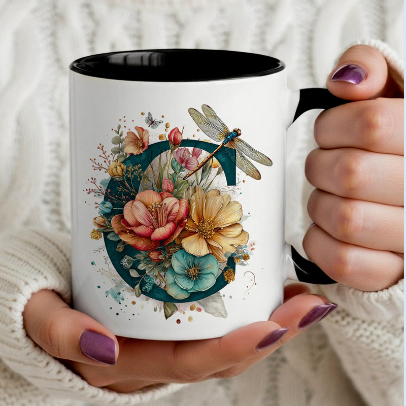 Tailorly Black Accent 11 oz Mug - floral dragonfly