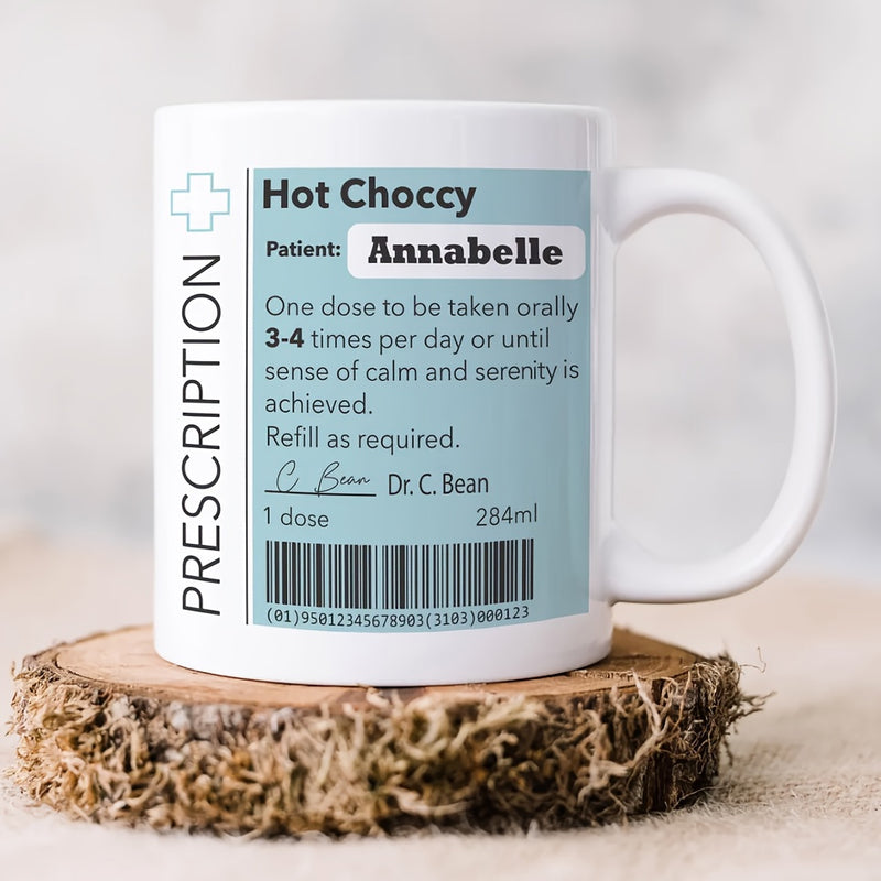 Tailorly White Ceramic 11 oz Mug - Hot Choccy Prescription Annabelle Dr C Bean Prescription Label Style Design With Medical Cross And Realistic Barcode Mug