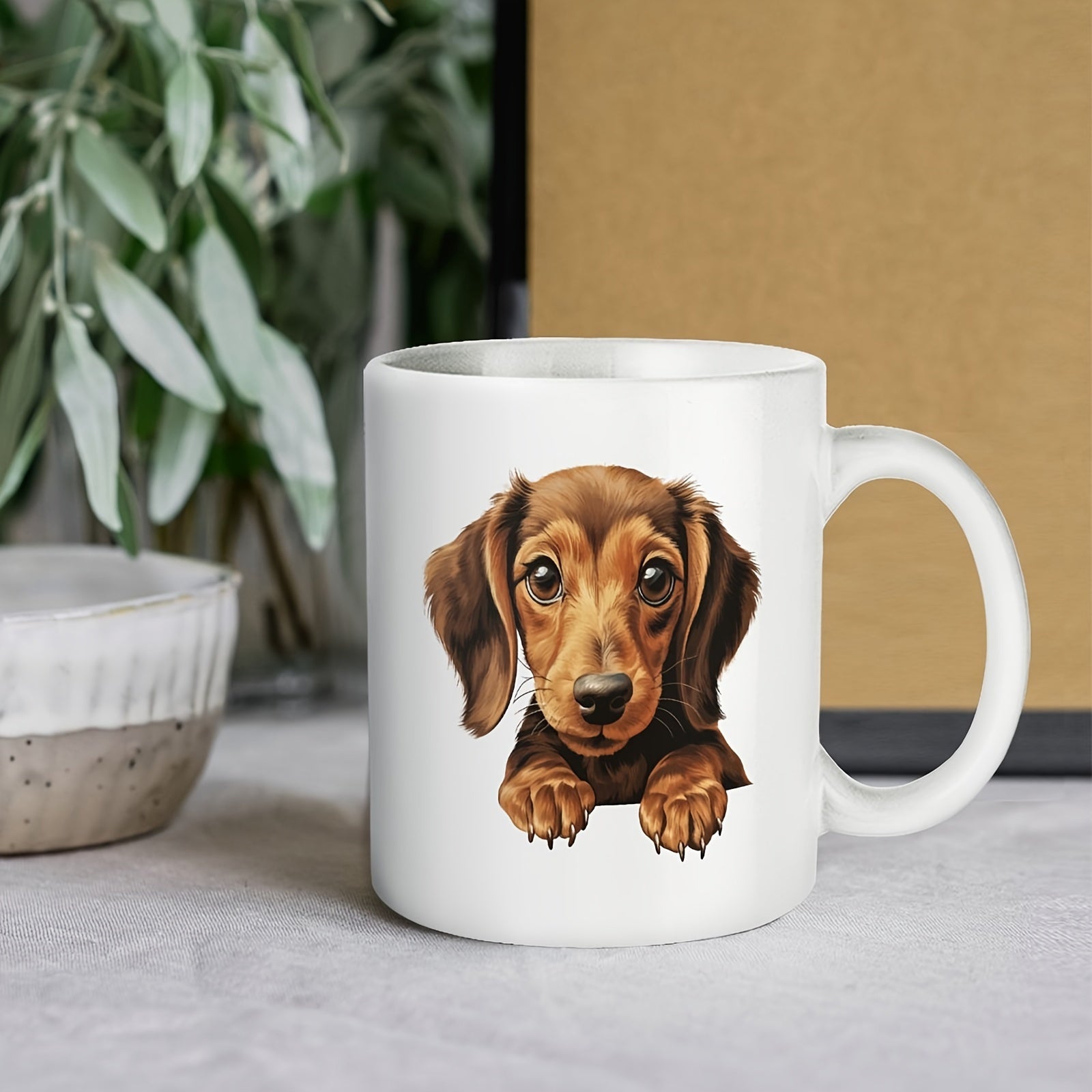 Tailorly White Ceramic 11 oz Mug - Adorable Brown Puppy With Big Eyes Peeking From The Surface Dachshund