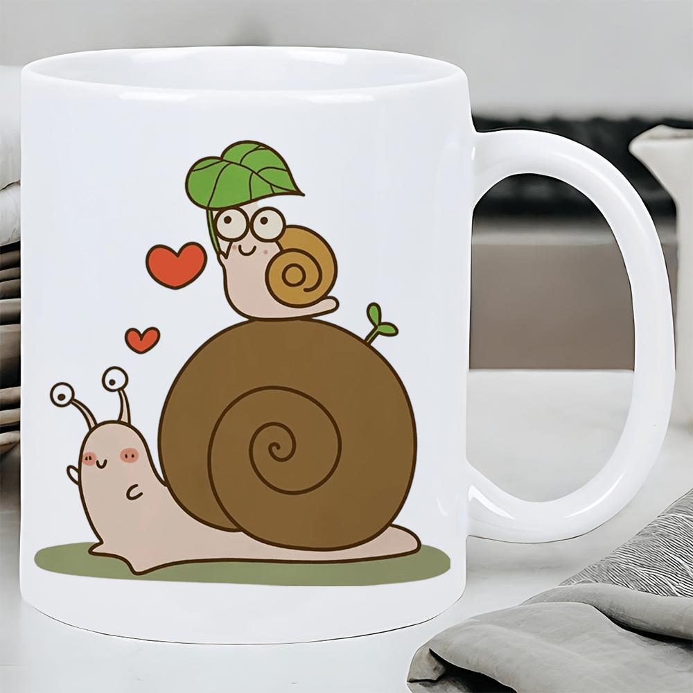 Tailorly White Ceramic 11 oz Mug - Cute Small Snail Holding Leaf Umbrella Resting On Large Happy Snail