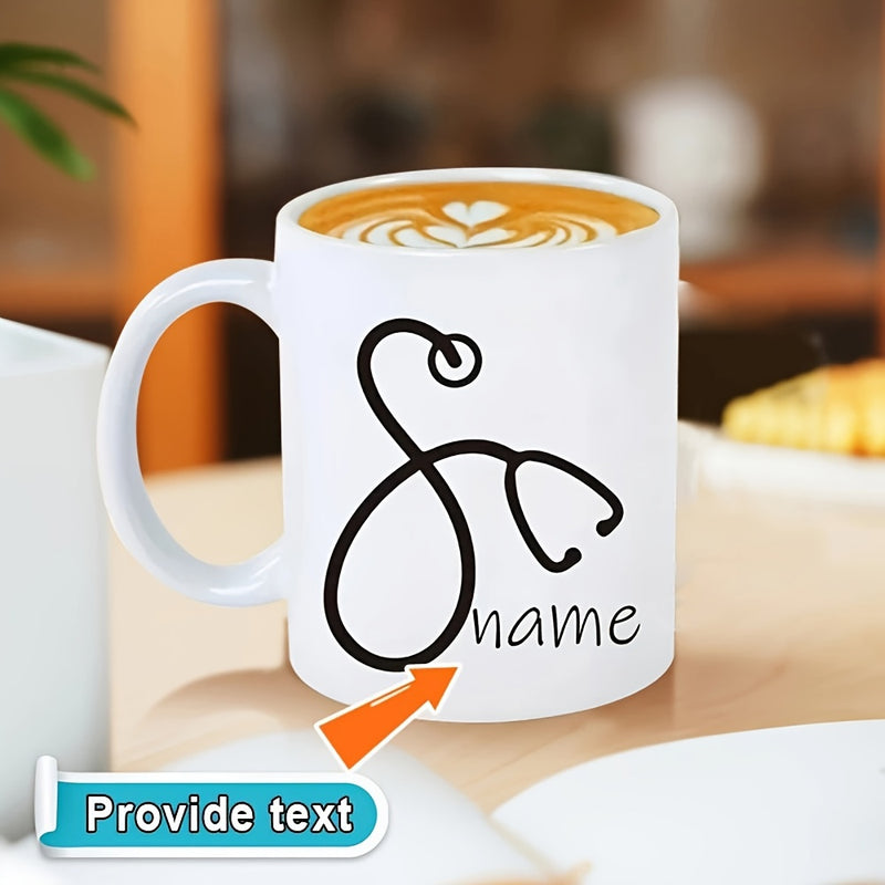 Tailorly White Ceramic 11 oz Mug - Name Minimalist Medical Black Line Art Symbol For Professional Doctors Stethoscope