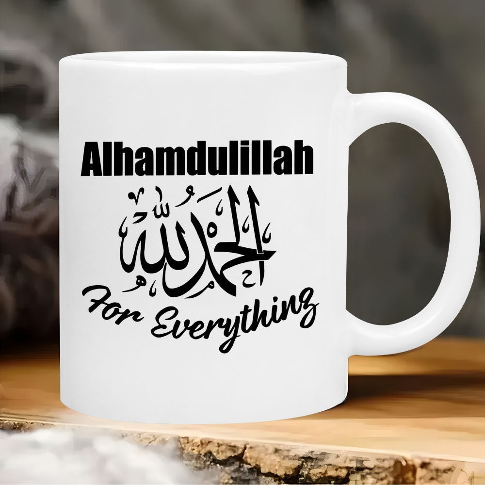 Tailorly White Ceramic 11 oz Mug - Alhamdulillah For Everything Minimalist Sacred Calligraphy Design Printed On A Clean