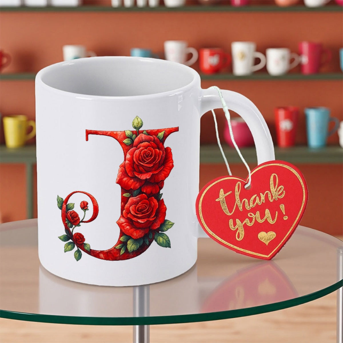 Tailorly White Ceramic 11 oz Mug - Thank You Vibrant Red Roses And Green Leaves Decorative Floral Initial Letter