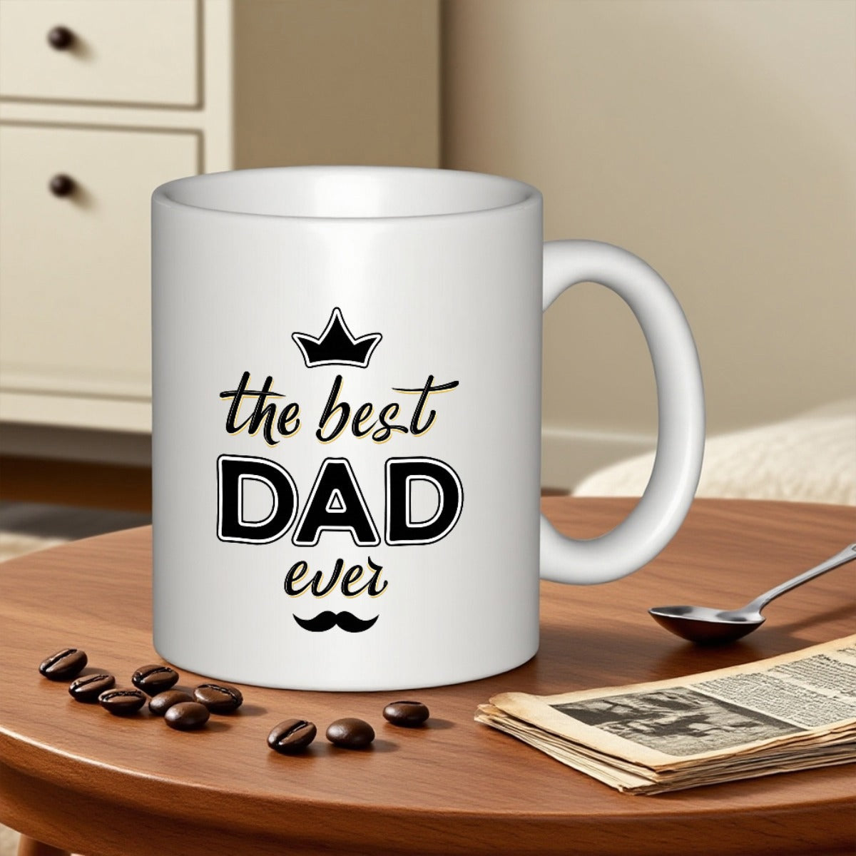 Tailorly White Ceramic 11 oz Mug - The Best Dad Ever Classic Black Crown And Mustache Featuring Elegant Script Mug