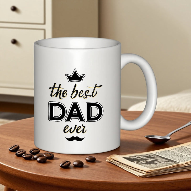 Tailorly White Ceramic 11 oz Mug - The Best Dad Ever Classic Black Crown And Mustache Featuring Elegant Script Mug