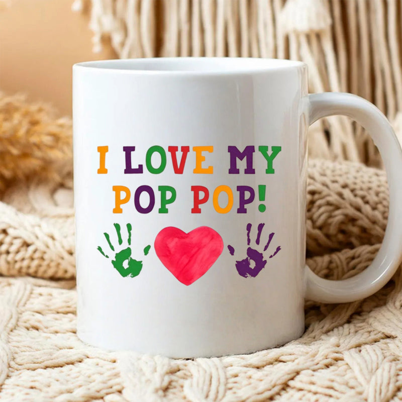 Tailorly White Ceramic 11 oz Mug - I Love My Pop Pop Colorful Handprints And Vibrant Red Heart Centered On
