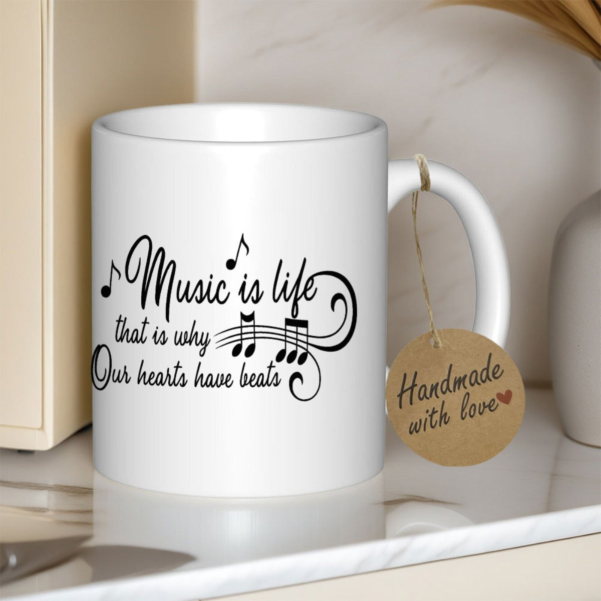 Tailorly White Ceramic 11 oz Mug - Music Is Life That Is Why Our Hearts Have Beats Elegant Black Musical Notes Dancing Along Artistic Rhythmic Staff Lines Mug