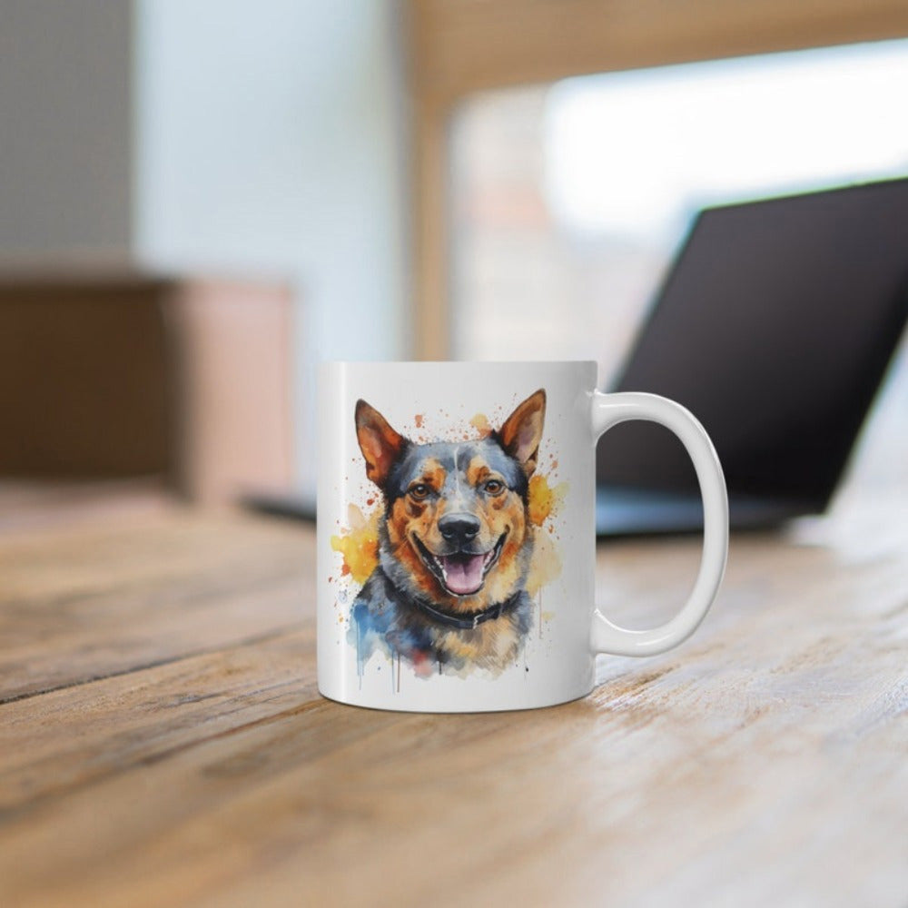 Tailorly White Ceramic 11 oz Mug - Vibrant Watercolor Artistic Portrait Of A Smiling Australian Cattle Dog
