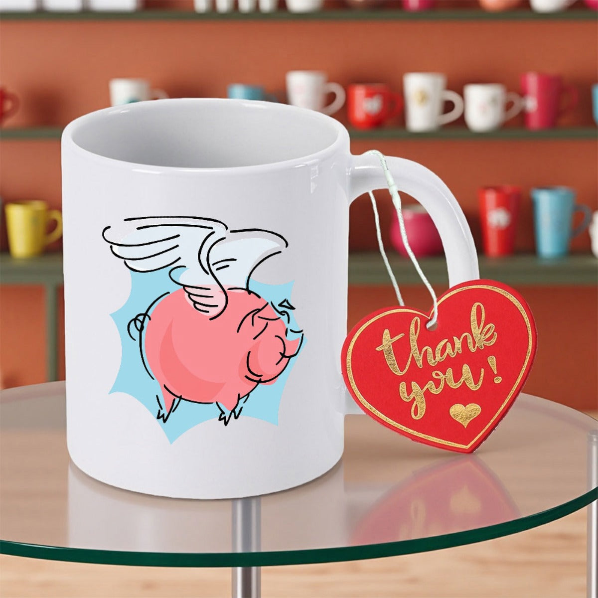 Tailorly White Ceramic 11 oz Mug - Thank You Cute Pink Cartoon Character With Small White Wings Pig