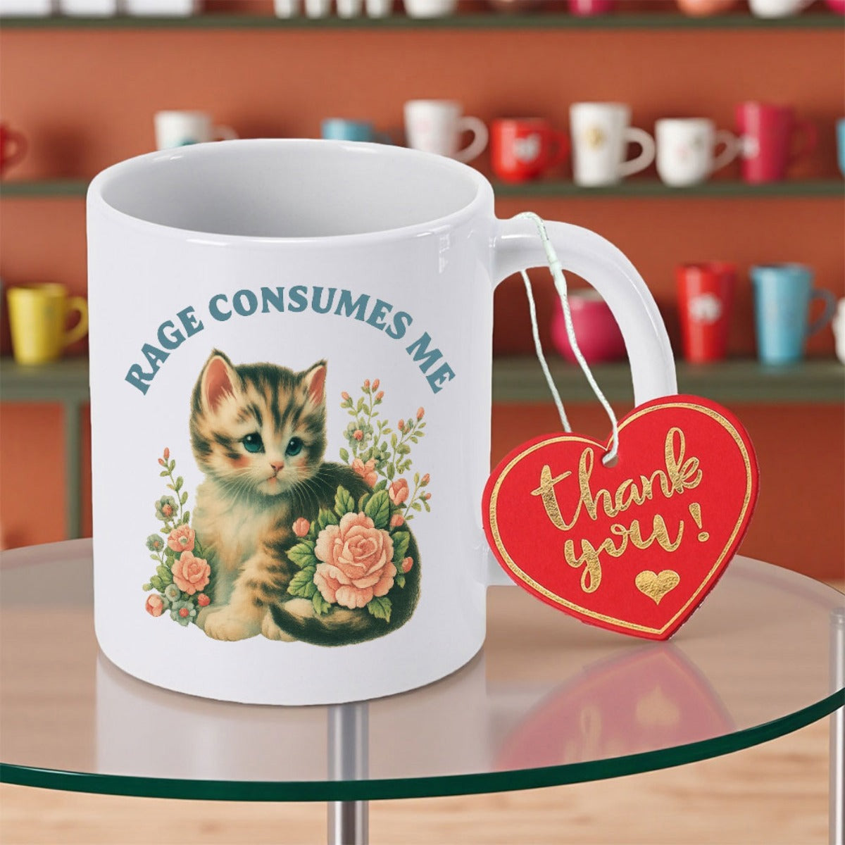 Tailorly White Ceramic 11 oz Mug - Rage Consumes Me Adorable Tabby Cat Sitting Among Elegant Blooming Pink Rose Flowers Kitten