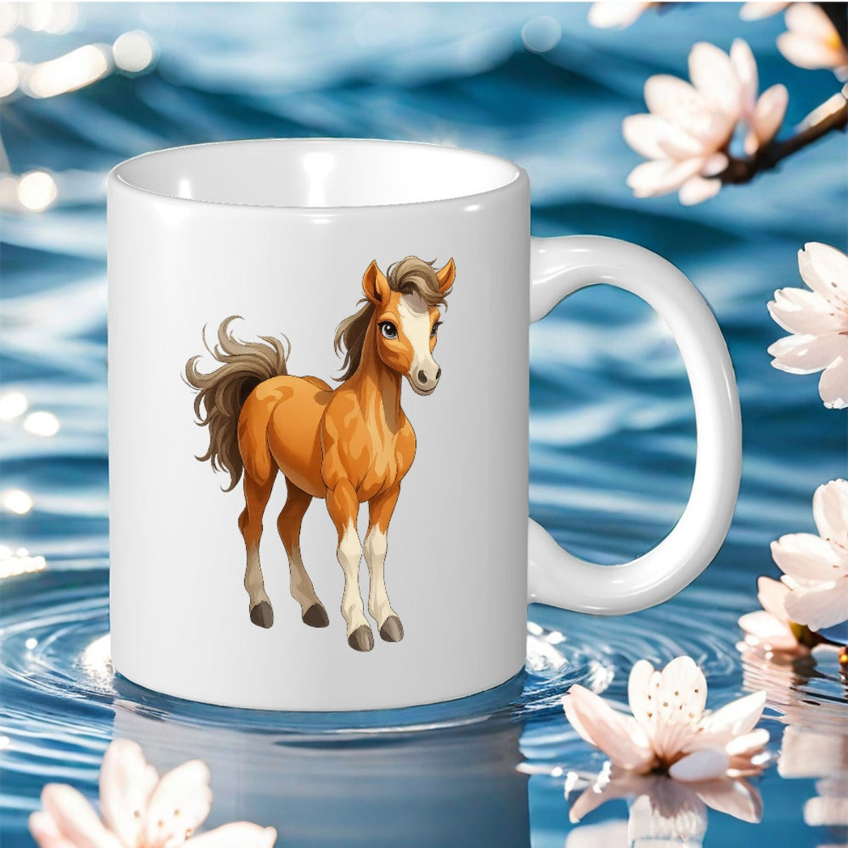 Tailorly White Ceramic 11 oz Mug - Standing Gracefully Among Blooming White Cherry Blossoms Over Water Foal