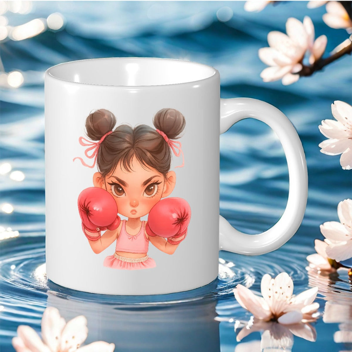 Tailorly White Ceramic 11 oz Mug - Young Girl With Double Buns Wearing Red Gloves And Pink Sports Top Boxer