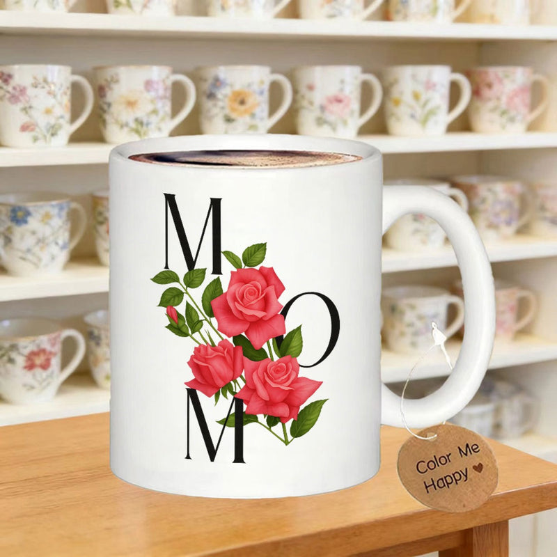 Tailorly White Ceramic 11 oz Mug - Mom Elegant Red Roses Intertwined With Lush Green Leaves Rose