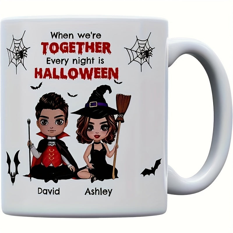 Tailorly White Ceramic 11 oz Mug - When We Are Together Every Night Is Halloween Cartoon Vampire And Witch Sitting Together Under Spooky Bats And Spiderwebs Couple