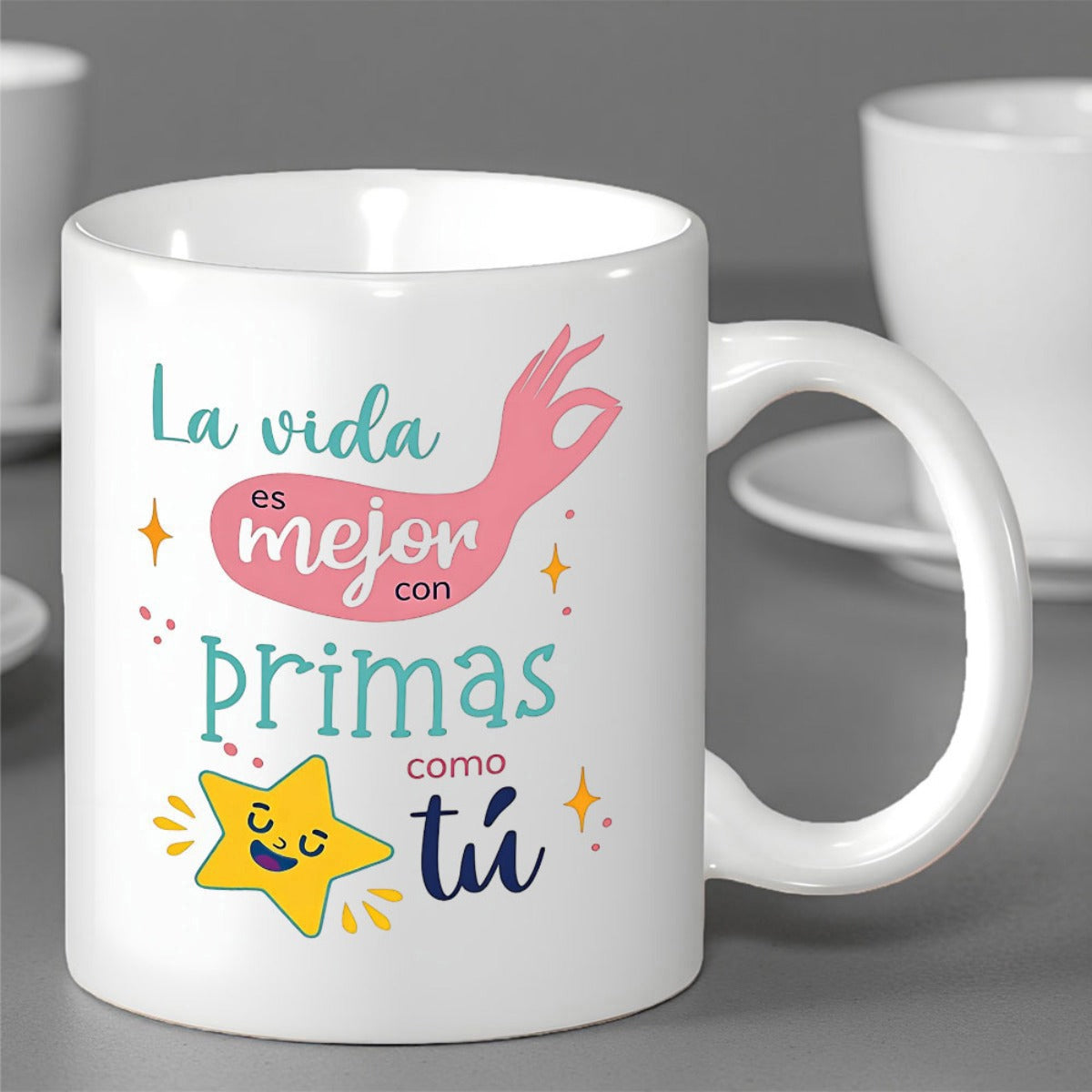 Tailorly White Ceramic 11 oz Mug - Cheerful Yellow Smiling Cartoon Star With Rays And Decorative Sparkles Star
