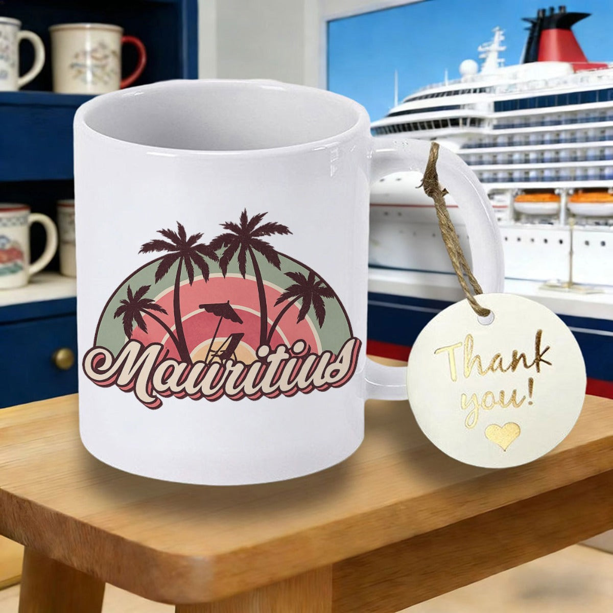 Tailorly White Ceramic 11 oz Mug - Mauritius Tropical Retro Sunset Scenery With Relaxing Beach Chair And Palm Trees