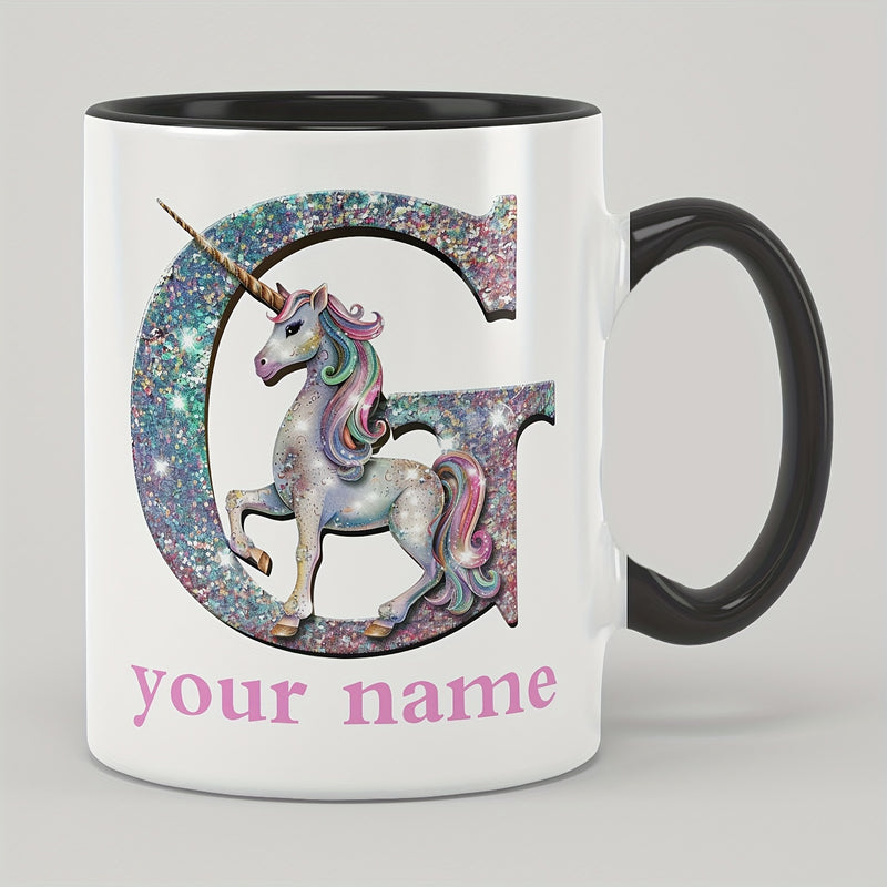 Tailorly Black Accent 11 oz Mug - unicorn letter with sparkling letters