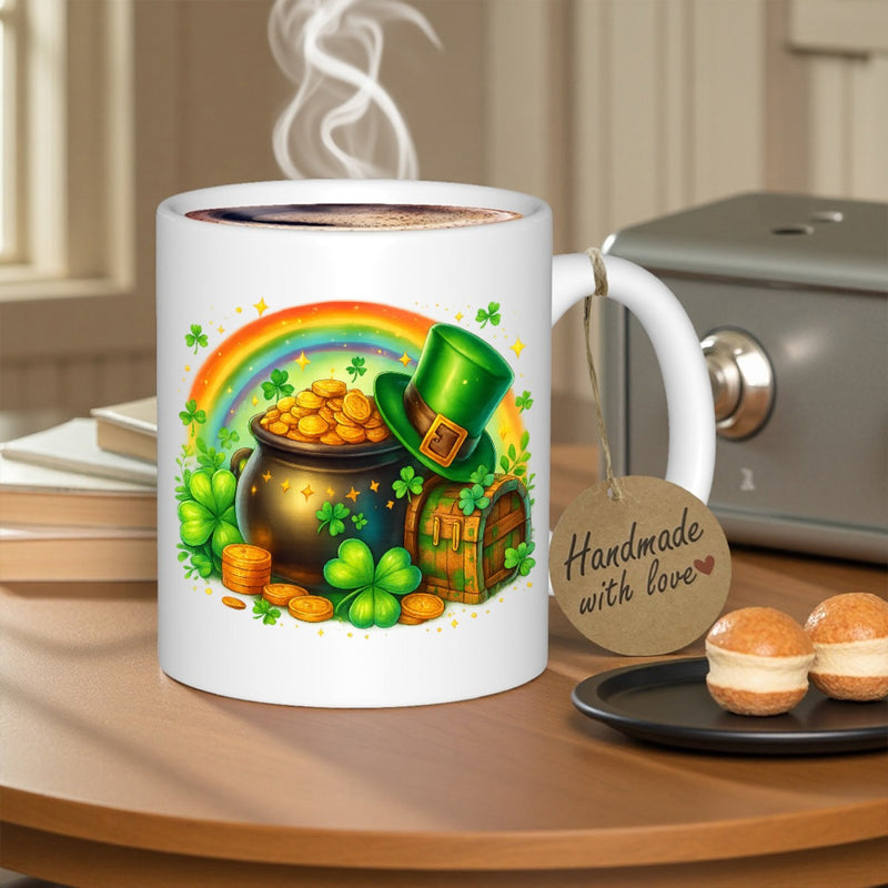 Tailorly White Ceramic 11 oz Mug - Handmade With Love Vibrant Rainbow Over Golden Pot Of Coins Among Lucky Green Shamrocks Pot